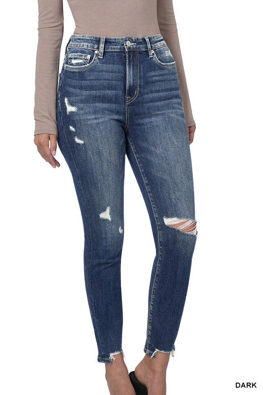 ZENANA Distressed Hem Ankle Skinny Denim Pants