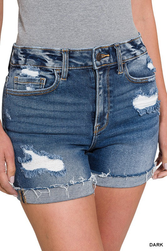 ZENANA Distressed Cuffed Raw Hem Denim Shorts