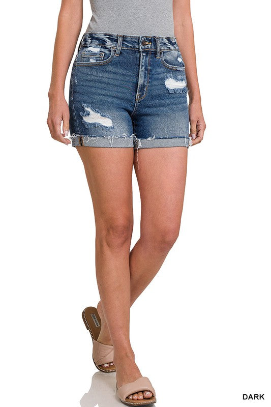 ZENANA Distressed Cuffed Raw Hem Denim Shorts