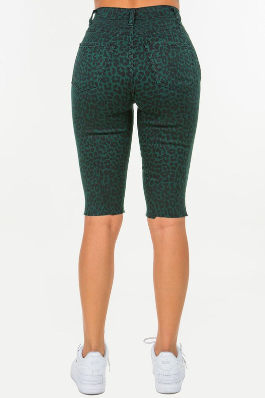 GJG Denim Leopard Print  Bermuda Short in Pine Green