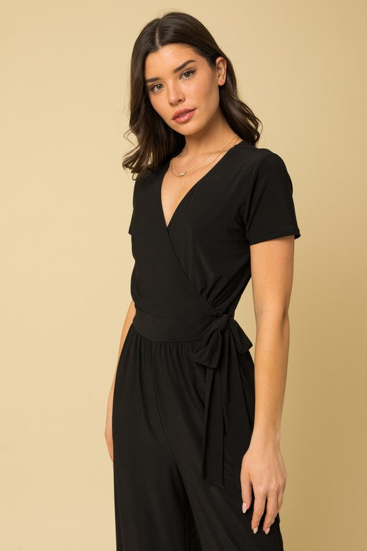 Gilli Solid Surplice Cropped Jumpsuit with Faux Wrap