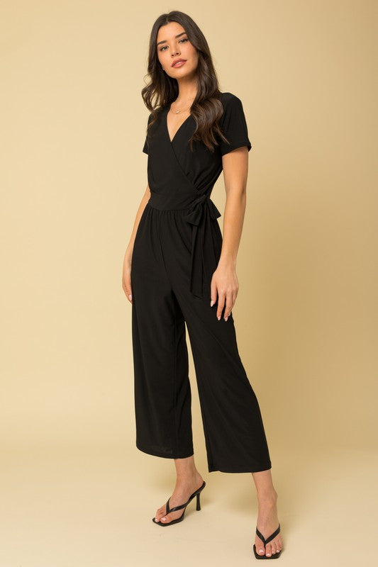 Gilli Solid Surplice Cropped Jumpsuit with Faux Wrap