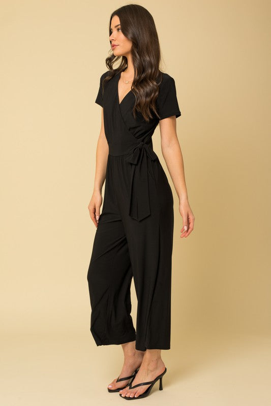 Gilli Solid Surplice Cropped Jumpsuit with Faux Wrap