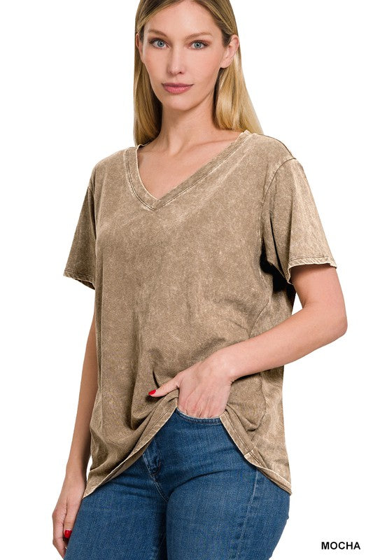 ZENANA Washed Short Sleeve V-Neck Top