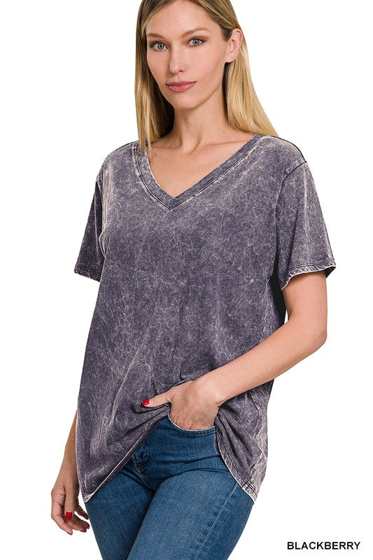 ZENANA Washed Short Sleeve V-Neck Top