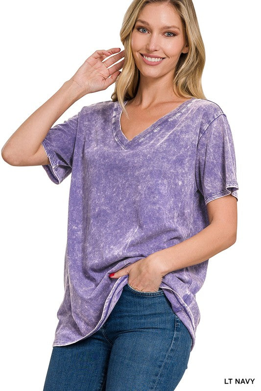 ZENANA Washed Short Sleeve V-Neck Top