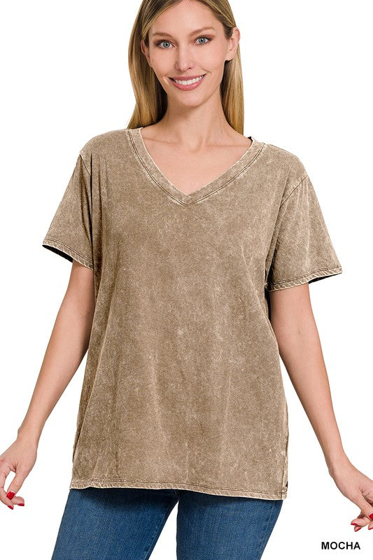 ZENANA Washed Short Sleeve V-Neck Top