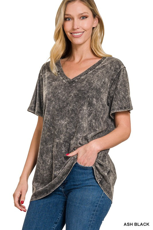 ZENANA Washed Short Sleeve V-Neck Top