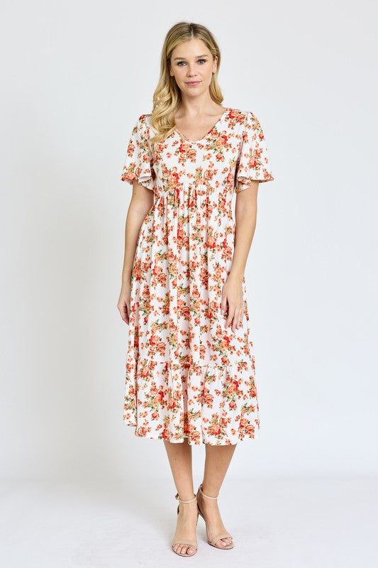 EG fashion Floral Angel Sleeve Midi Dress