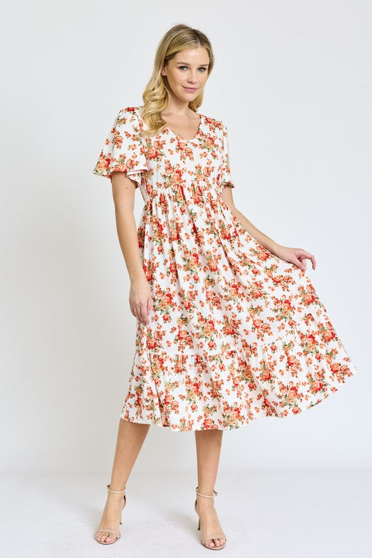 EG fashion Floral Angel Sleeve Midi Dress