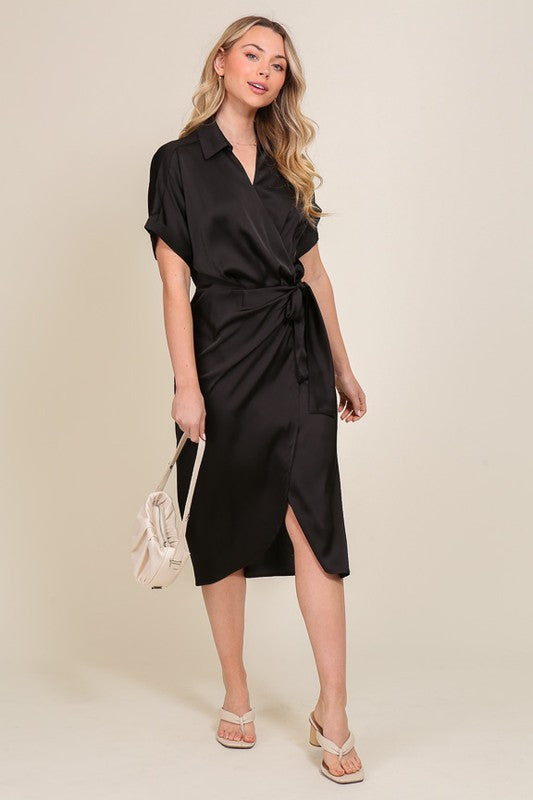 TIMING Junior's Surplice Satin Wrap Dress