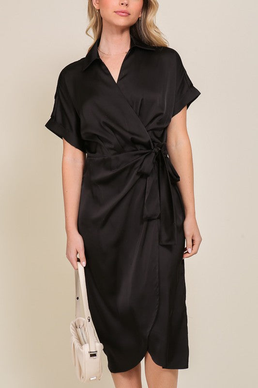 TIMING Junior's Surplice Satin Wrap Dress