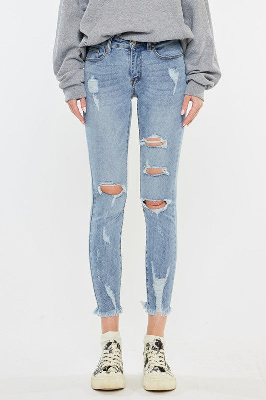 Kan Can Mid Rise Distressed Ankle Skinny Jeans