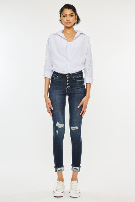 Kan Can High Rise Button Down Cuffed Ankle Skinny Jeans