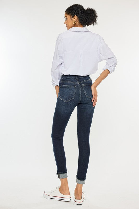 Kan Can High Rise Button Down Cuffed Ankle Skinny Jeans