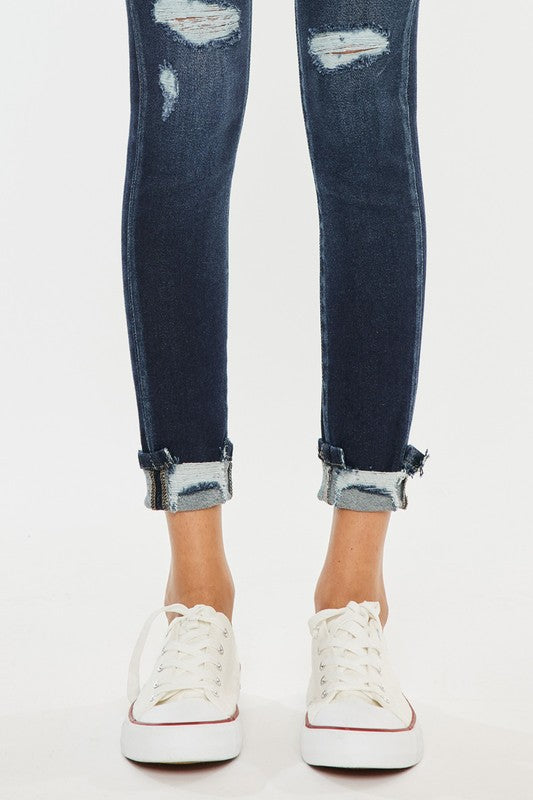 Kan Can High Rise Button Down Cuffed Ankle Skinny Jeans