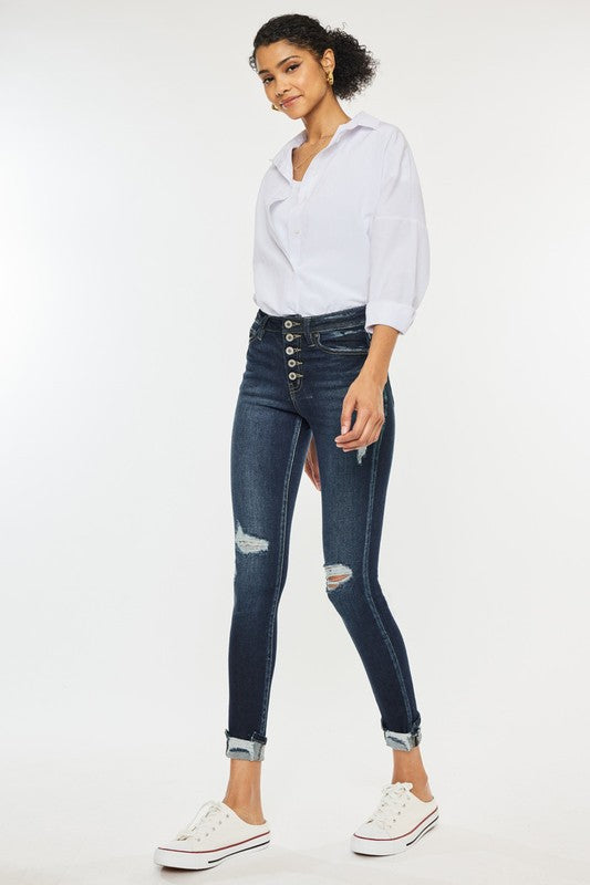 Kan Can High Rise Button Down Cuffed Ankle Skinny Jeans