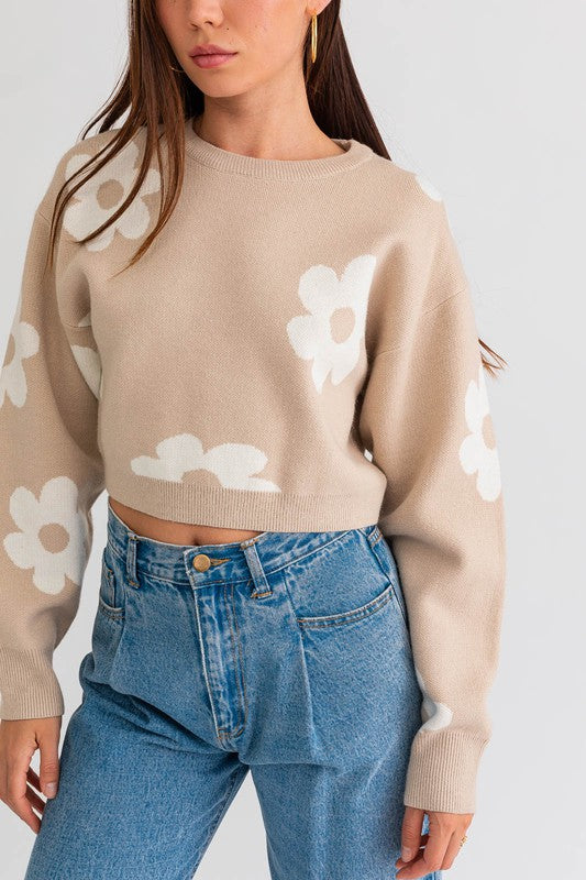 LE LIS Long Sleeve Crop Sweater with Daisy Pattern