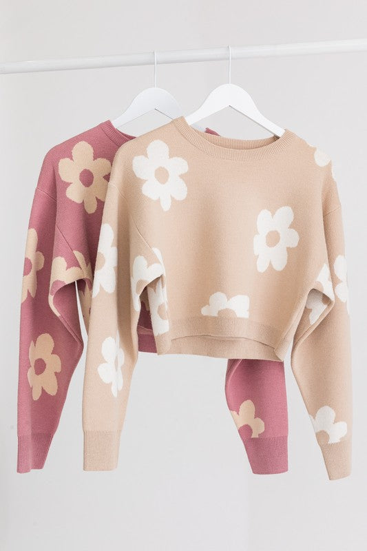 LE LIS Long Sleeve Crop Sweater with Daisy Pattern