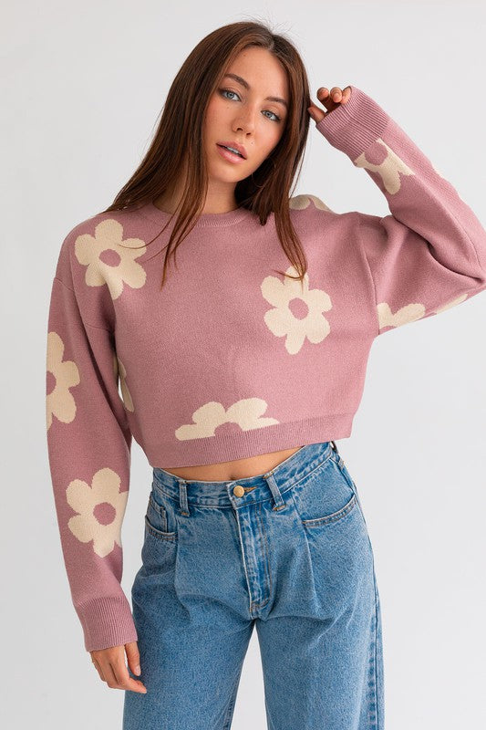 LE LIS Long Sleeve Crop Sweater with Daisy Pattern