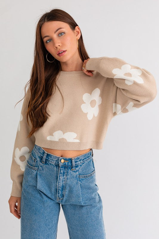 LE LIS Long Sleeve Crop Sweater with Daisy Pattern