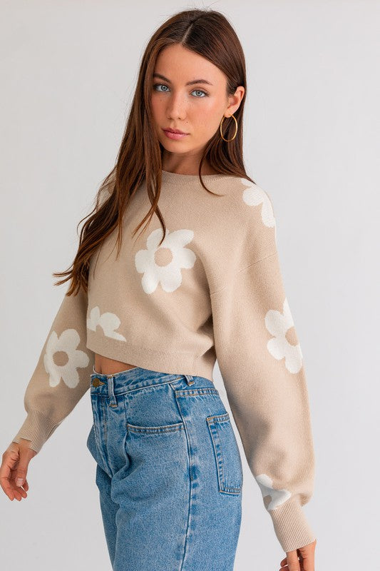 LE LIS Long Sleeve Crop Sweater with Daisy Pattern