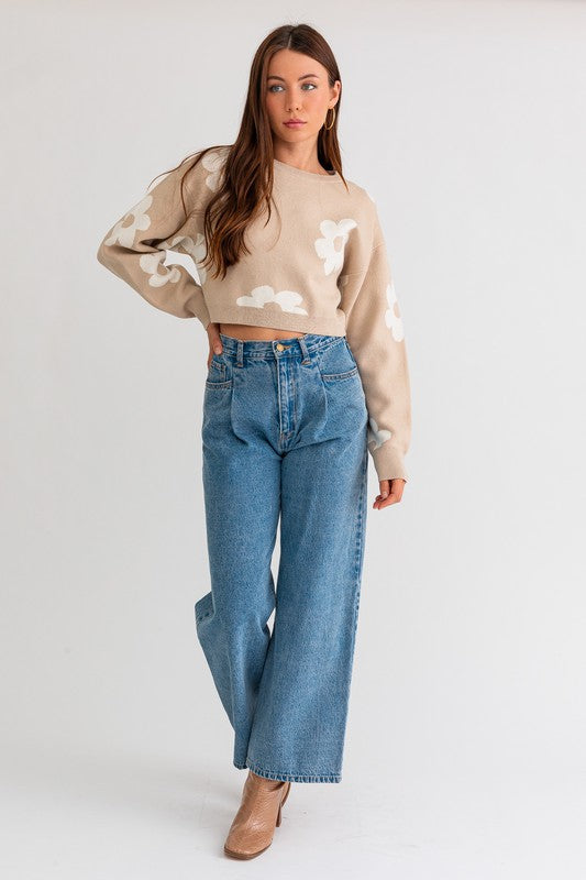 LE LIS Long Sleeve Crop Sweater with Daisy Pattern