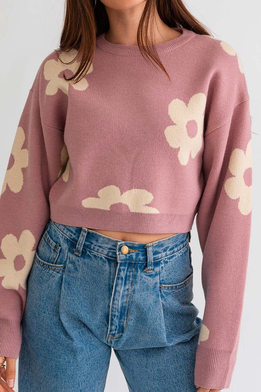 LE LIS Long Sleeve Crop Sweater with Daisy Pattern