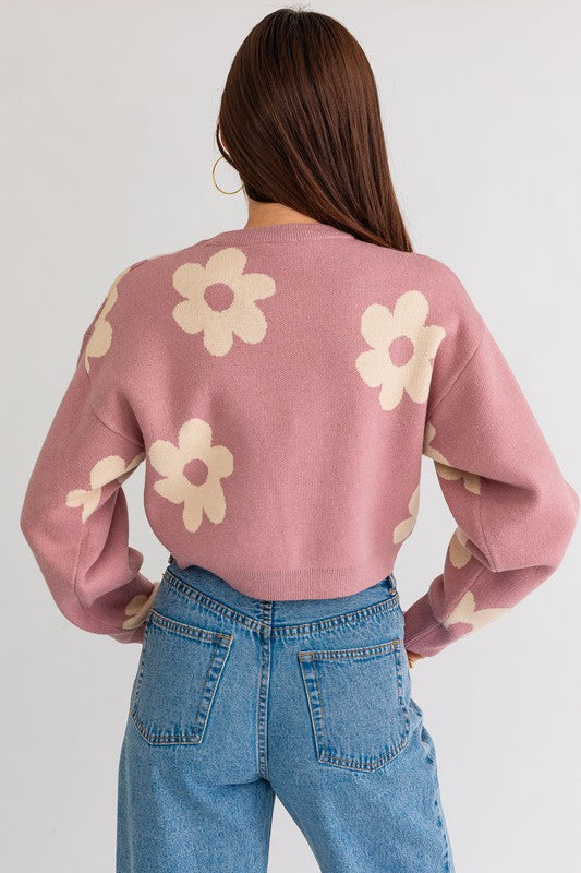 LE LIS Long Sleeve Crop Sweater with Daisy Pattern