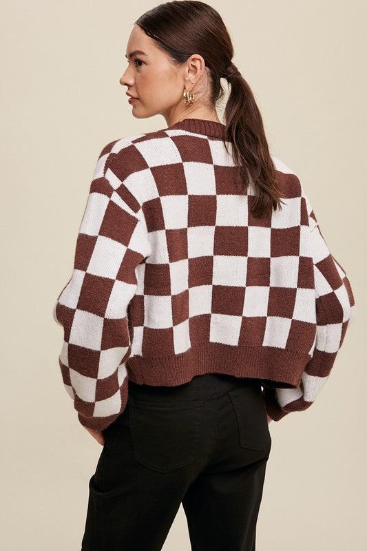 Load image into Gallery viewer, Listicle Bold Gingham Sweater Weaved Crop Cardigan
