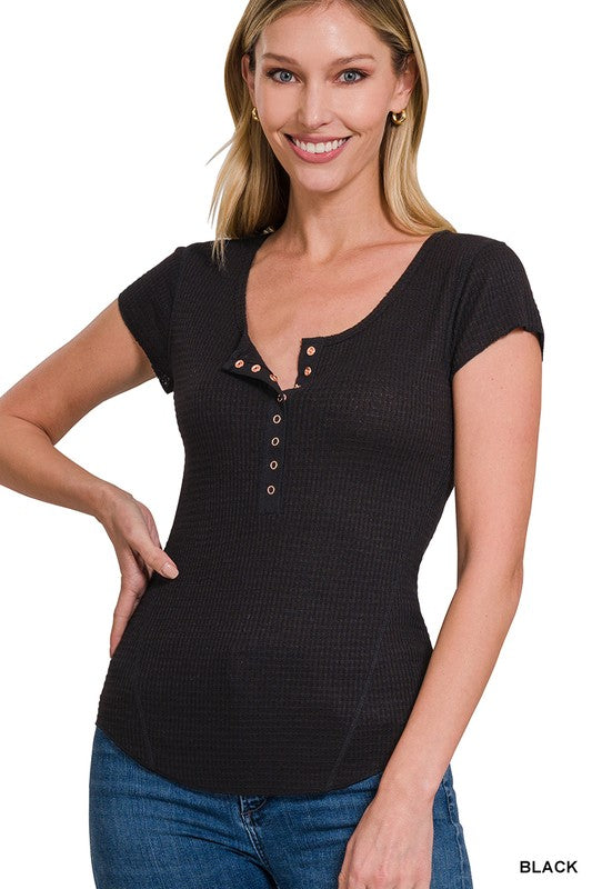 ZENANA Baby Waffle Snap Button Cap Sleeve Top