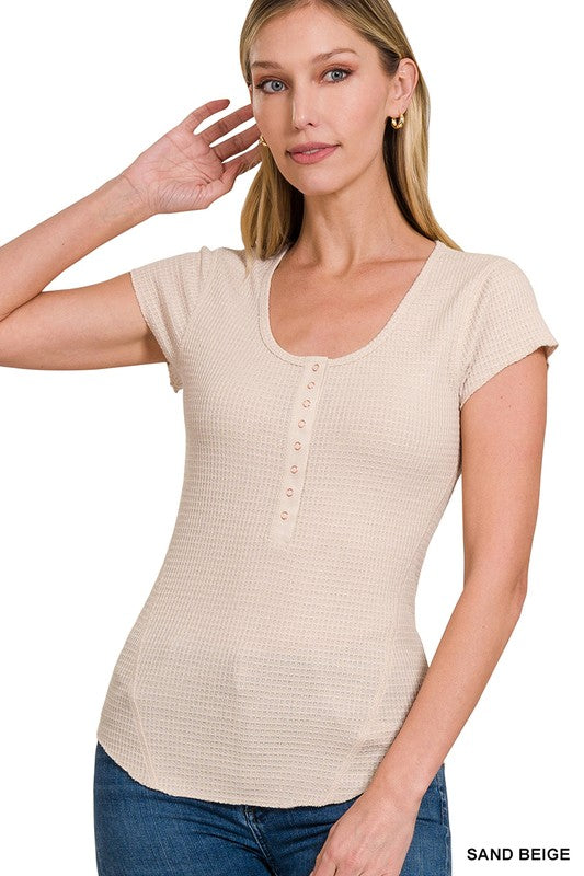 ZENANA Baby Waffle Snap Button Cap Sleeve Top