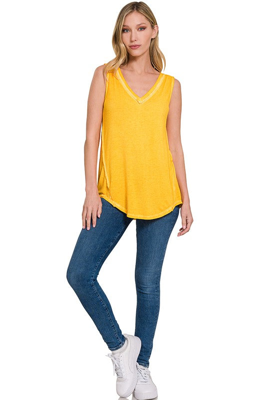 ZENANA Washed Sleeveless V-Neck Top with Hi-Low Hem