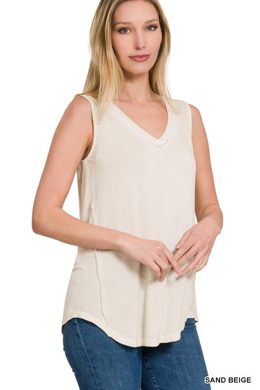 ZENANA Washed Sleeveless V-Neck Top with Hi-Low Hem