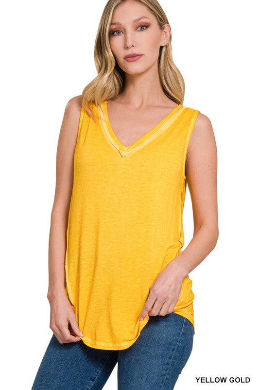 ZENANA Washed Sleeveless V-Neck Top with Hi-Low Hem