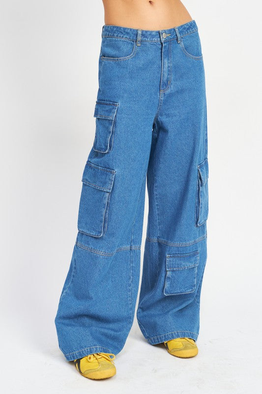 Emory Park WIDE LEG CARGO DENIM PANTS WITH POCKETS