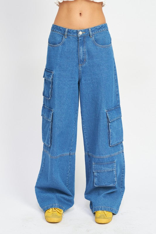 Emory Park WIDE LEG CARGO DENIM PANTS WITH POCKETS