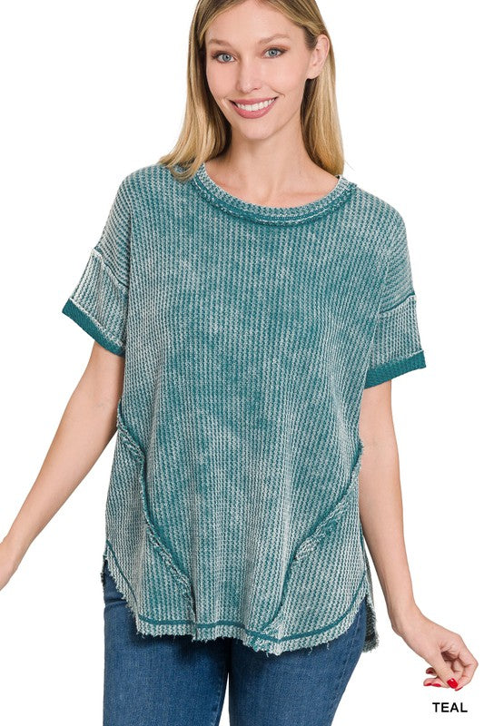 ZENANA Washed Waffle Rolled Up Short Sleeve Top