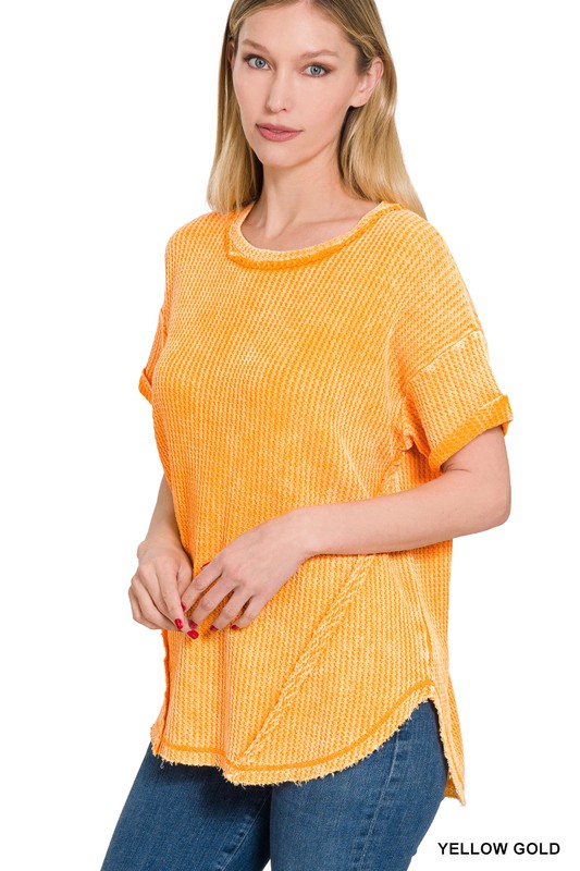 ZENANA Washed Waffle Rolled Up Short Sleeve Top