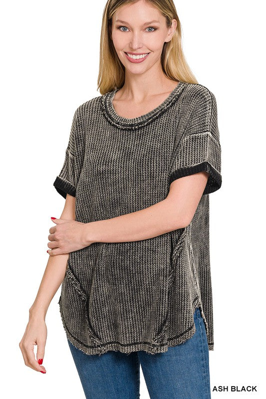 ZENANA Washed Waffle Rolled Up Short Sleeve Top