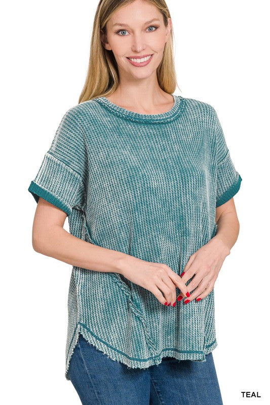 ZENANA Washed Waffle Rolled Up Short Sleeve Top