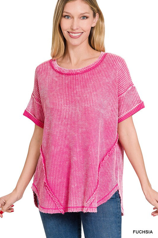 ZENANA Washed Waffle Rolled Up Short Sleeve Top