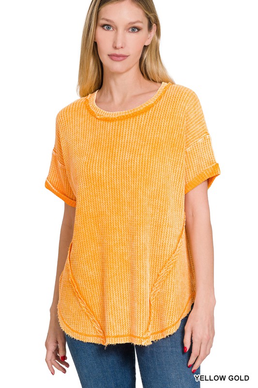 ZENANA Washed Waffle Rolled Up Short Sleeve Top