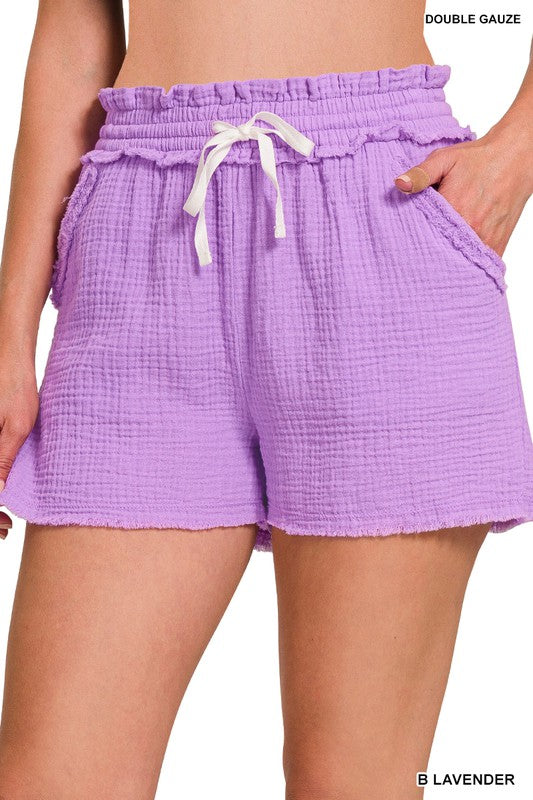 ZENANA Double Elasticband Drawstring Waist Shorts