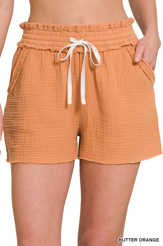 ZENANA Double Elasticband Drawstring Waist Shorts