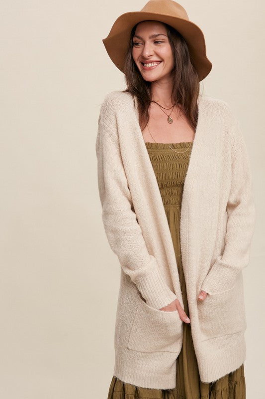 Listicle Two Pocket Open-Front Long Knit Cardigan