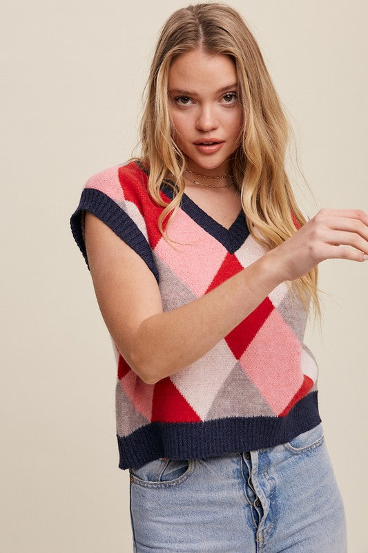 Listicle Argyle Cropped Sweater Vest