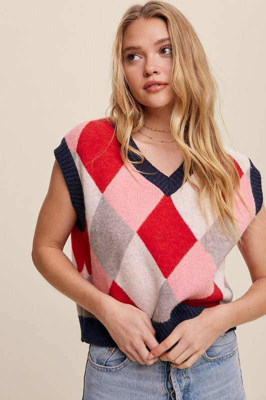 Load image into Gallery viewer, Listicle Argyle Cropped Sweater Vest

