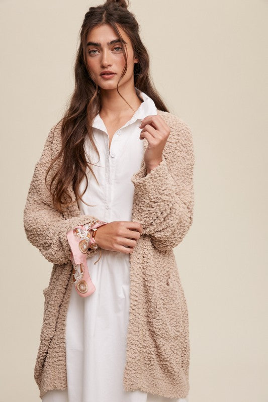 Listicle Popcorn Open Knit Cardigan Sweater