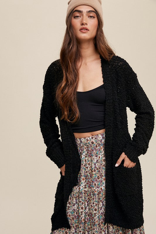 Listicle Popcorn Open Knit Cardigan Sweater